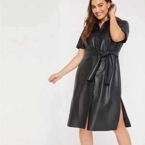 ELOQUII Faux Leather Button Up Dress w/ Tie